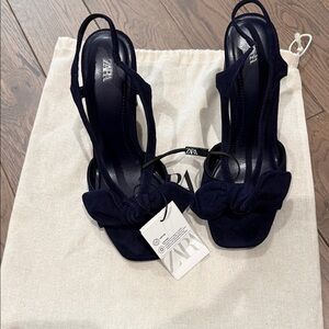 Zara Women's Suede Bow Blue Heeled Sandals